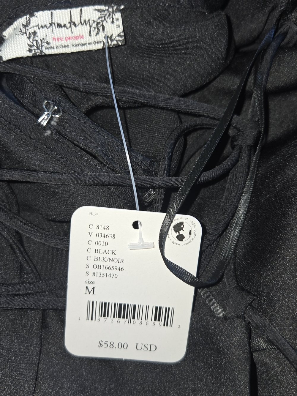 NWT Free People - Black Satin Slip Top with Sheer Trim Tie Back Womens Medium - Picture 6 of 9